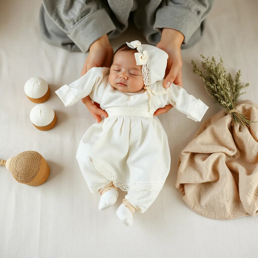 A parent arranges a modern white christening outfit with soft lace details on a clean neutral background.